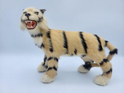 Vintage 11''x8'' Rabbit Fur Tiger Big Cat Figurine Soft Sculpture