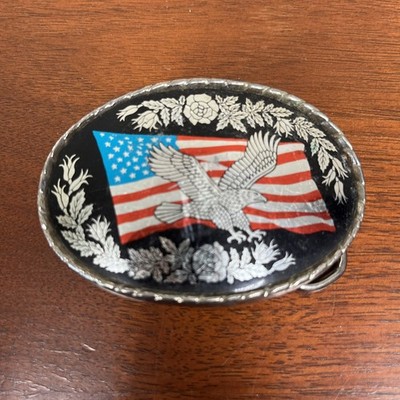 OH07109 VINTAGE 1980s **BALD EAGLE & USA FLAG** PATRIOTIC ROCKMOUNT BELT BUCKLE