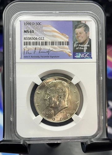 1969 D Kennedy Half Dollar NGC MS 63 Portrait Label Facsimile Sign.  40% Silver 