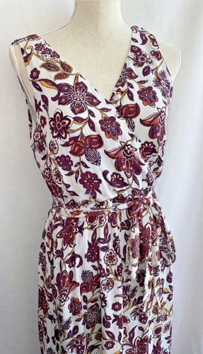 LOFT Floral Surplice Sleeveless Maxi Dress Tie Belt Lined Gray/Plum Size S - Bild 3 von 5