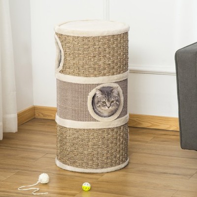 28 Inch Cat Condo, Barrel Shaped Small Cat Tree for Indoor Cats, Khaki and Brown