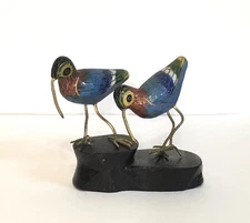 Vintage Pair Cloisonné Enameled Sandpiper Birds on Wood Stand Sculpture Figurine