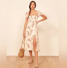 REFORMATION Leila Ivory Pink Floral Inka Smocked Bodice Slit Dress M (fits S)