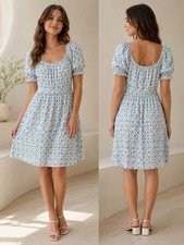 Ann Taylor Petite Blue & White Printed Puff Sleeve Babydoll Dress  Size MP