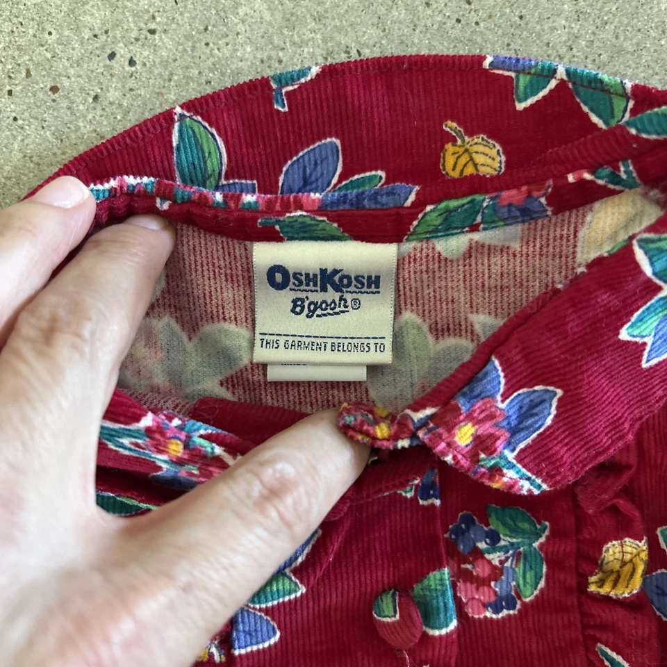 Vintage Oshkosh Red Floral Dress Sz 4 Corduroy Peter Pan Collar Puff Sleeve - Image 3 of 4