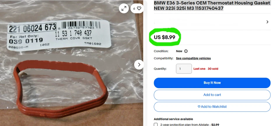 Junta de carcasa termostato OEM BMW E36 serie 3 NUEVA 323i 325i M3 11531740437 Foto 2 de 4