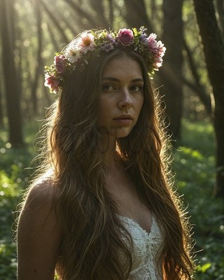 Forest Fairy Woman Flower Crown Sunlight Woodland Fantasy Art Print