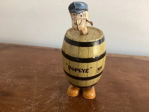 Vintage J. Chein tin litho wind-up Popeye in a barrel 1930s