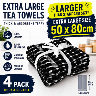 Schwarz-weiße dicke Geschirrtücher extra großes Band verpackt 100% Baumwolle 4er Pack