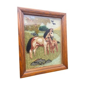 Vintage 60s 70s Framed Horse & Foal Yarn Art Embroidery Latch Hook 14x17