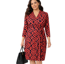 LIZ CLAIBORNE Size Large Red Blue Geometric Faux Wrap Belted V-Neck Career Dress