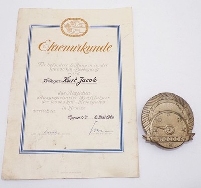 Plakette Urkunde 100000 km Abzeichen ausgezeichneter Kraftfahrer Oppach 1960