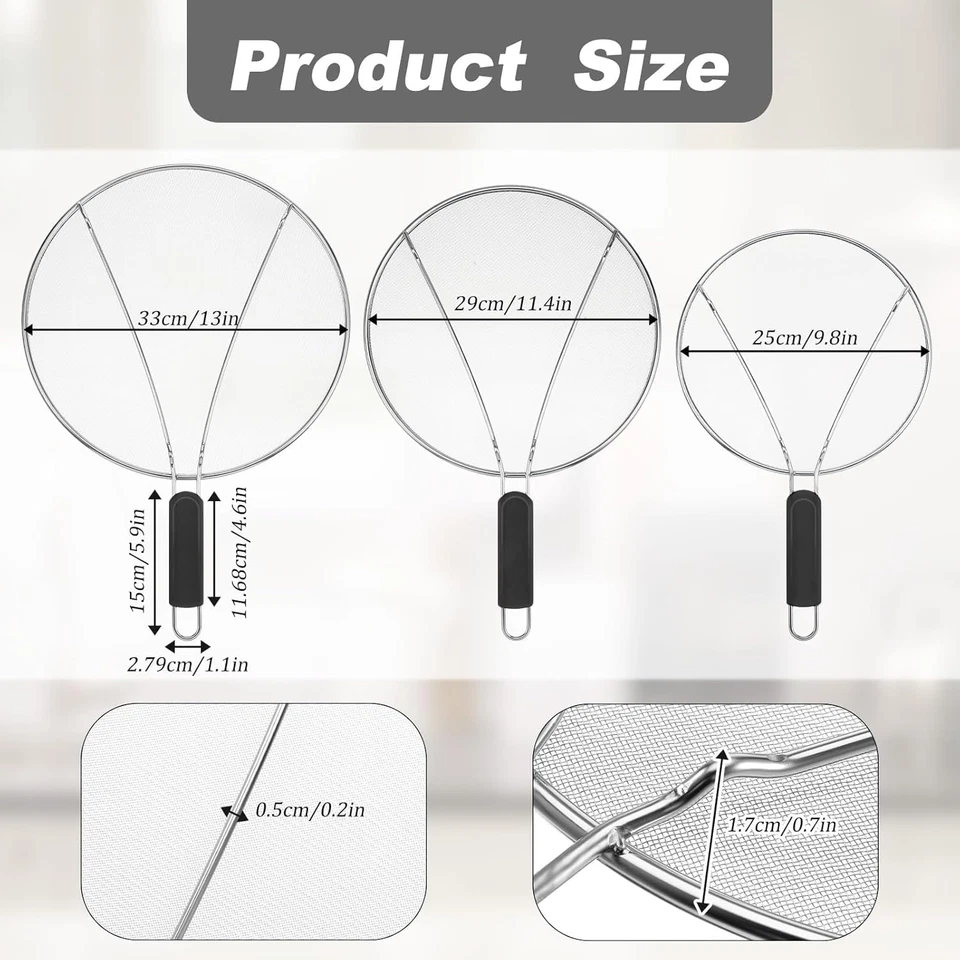 Conjunto de 3 telas respingadas de aço inoxidável protetor de graxa para malha de frigideira - Imagem 2 de 4