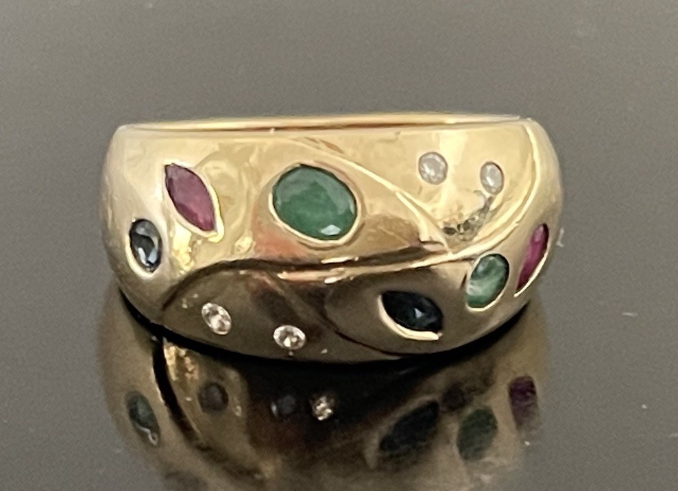 14K Solid Yellow Gold Diamond Ruby Emerald Sapphi… - image 1