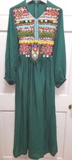 Handmade Women's Afghan Beaded Coin Kuchi Long Maxi Dress - Green XL 48" Chest