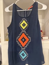 Lulumari Navy Sheer Flowing Embroidered Aztec Tribal Blouse Tank Top Shirt Large