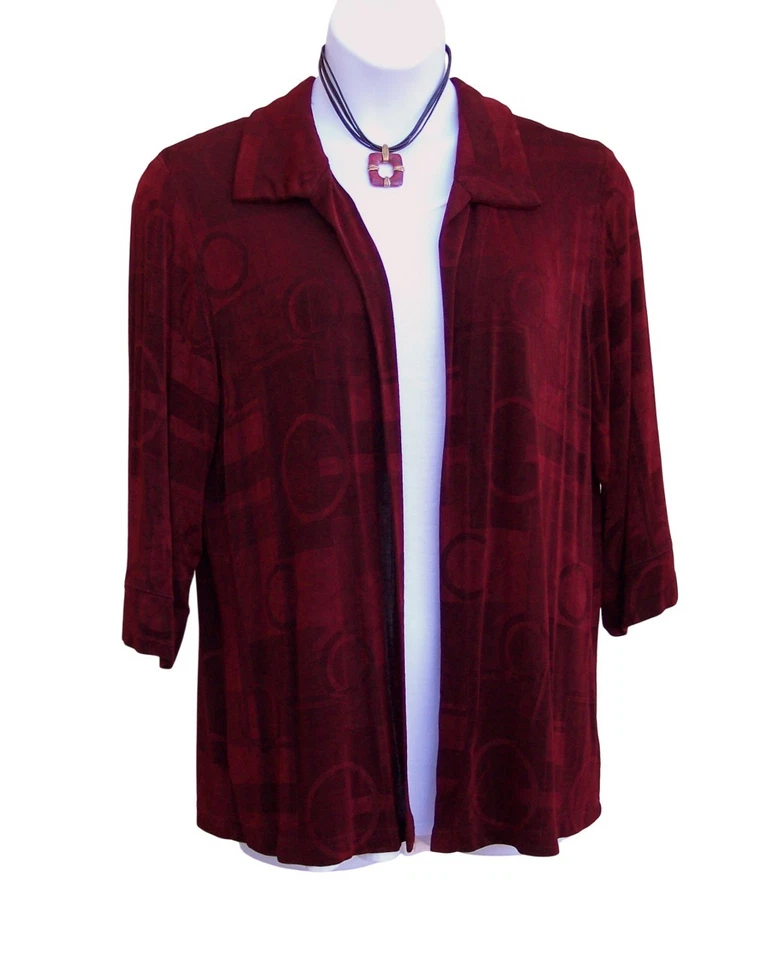 Vikki Vi Burgundy Wine cardigan jacket plus size 1x Geometric slinky knit topper - Image 3 of 4