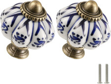 Ivory  Deep Blue Pumpkin Knobs 6 Pack Ceramic Cabinet Knobs Vintage Drawer Pull