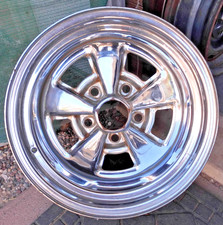 VINTAGE STEEL 15" x 8" CHROME 5-SPOKE MAG WHEEL. 5 LUG x 5" bp. MADE IN USA.