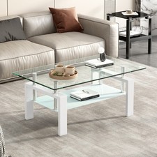Tempered Clear Glass Coffee Table,2-Layers Coffee Table Living Room Center Table