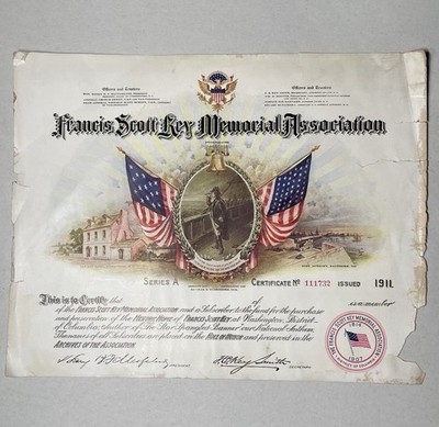FRANCIS SCOTT KEY MEMORIAL ASSOCIATION CERTIFICATE 1911