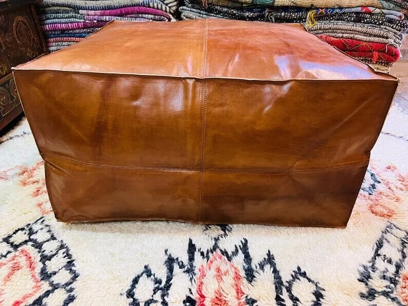 Ottoman Moroccan Leather Pouffe Boho Unstuffed Footstool New 30'' Genuine Brown - Image 3 of 4