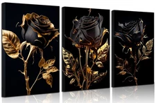 3pcs Black Gold Rose Canvas Wall Art Abstract Black Plant Flowers Wall Decor ...