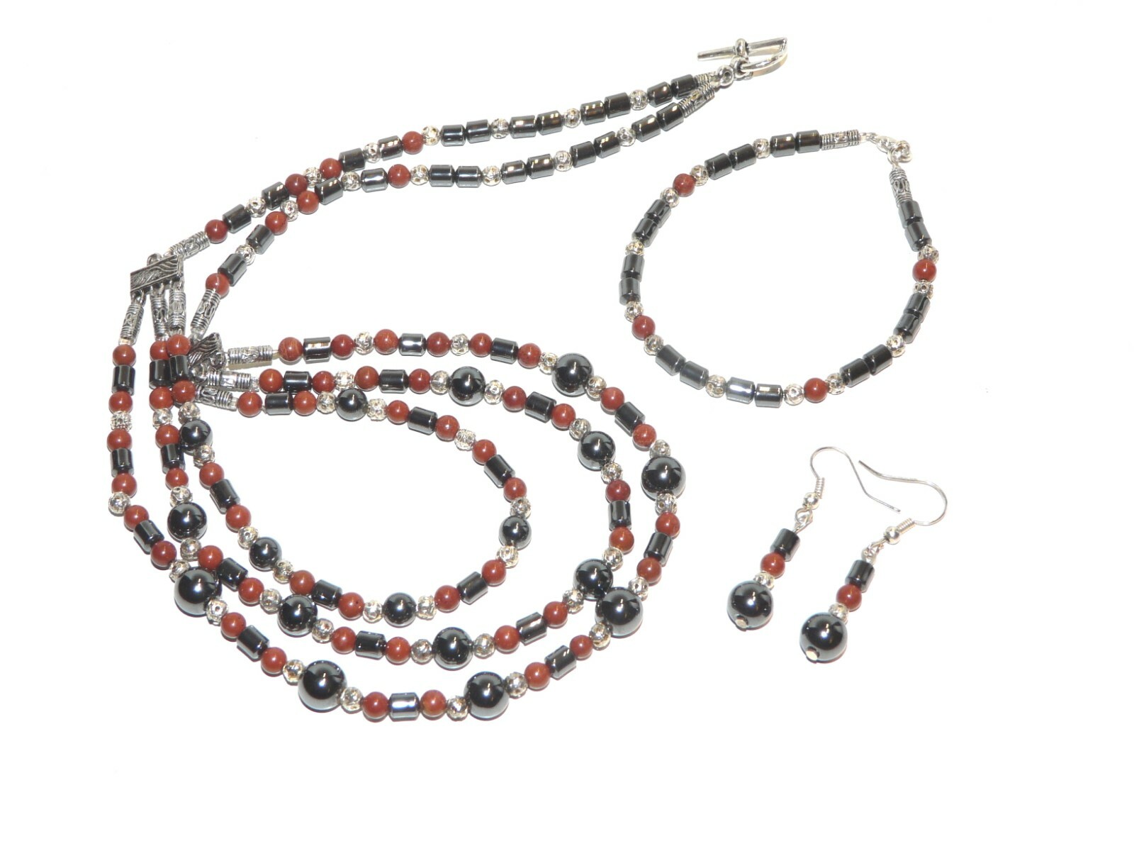 Collier multirangs bracelet et BO pierres véritables hématite jaspe rouge UNIK femme