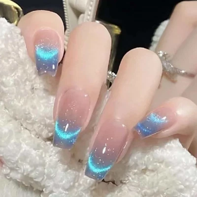 COFFIN MEDIUM *BLUE MOON CAT EYE HALO* Full Cover 24 Nail Tips Press On Glue Set