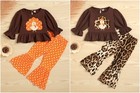 NEW Thanksgiving Turkey Girls Leopard Print Bell Bottom Outfit Set 2T 3T 4T 5T 6