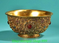 5" Antique Old Chinese Dynasty Bronze 24 K Gold Gems Flower Pattern Bowl Bowls