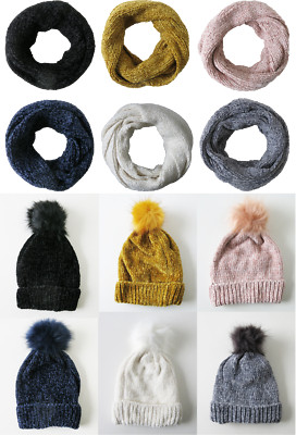 Winter Fluffy Schal Loopschal Schlauchschal Mütze Beanie Bommel Set