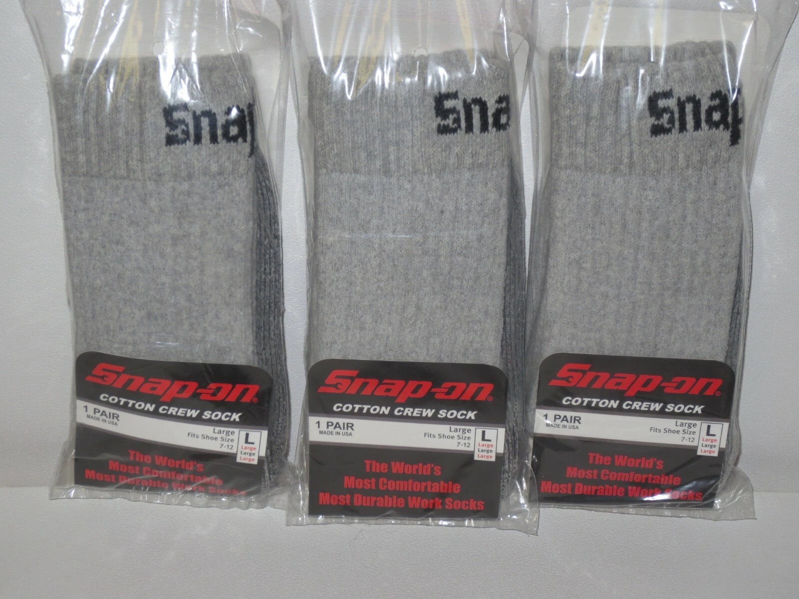 3 PAIRS Snap-On Crew Socks Men's GRAY LARGE ~ FREE SHIPPING ~ MADE IN USA *NEW*