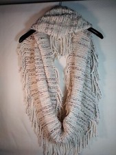 Crochet Infinity Scarf Double Fringe Cream Multicolor 28x11 Boho cottage core