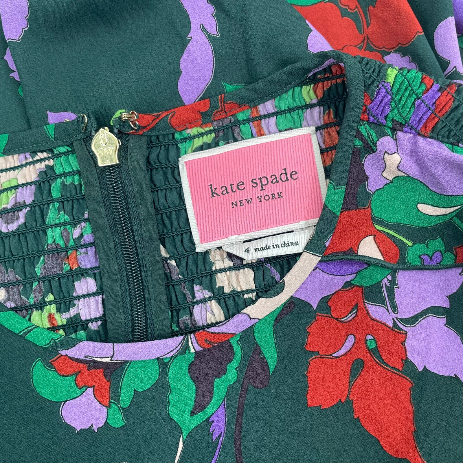 Kate Spade Fleur Nouveau Mini Dress Smocked Ruffle Green Women Size 4 $378 thumbnail 7