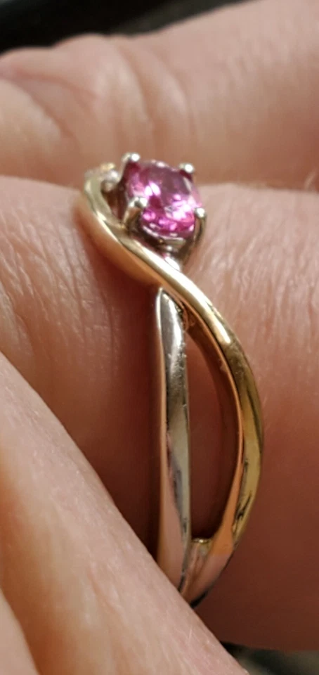 Pink Sapphire Created Oval Cut & Diam Ring 2 Tone 10kt Solid White& Yellow Gold  - Image 3 of 4