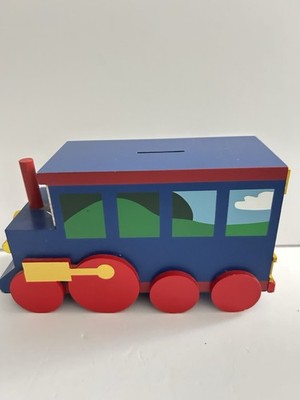 Sassafras Wooden Train Coin Bank Vintage Kids Nursery Decor Blue Red 2000