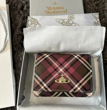 Vivienne Westwood Clasp Trifold Saturn Pink Plaid Leather Wallet New In Gift Box