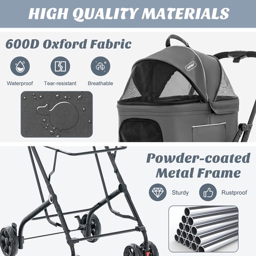 Double Pet Stroller for 2 Dogs or Cats w/ 2 Detachable Carriers Safety Belt Gray - Picture 7 of 10