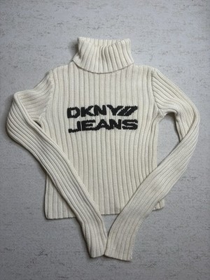 DKNY Jeans Ivory Rib-Knit Turtleneck Logo Pullover Sweater Long Sleeve Size L