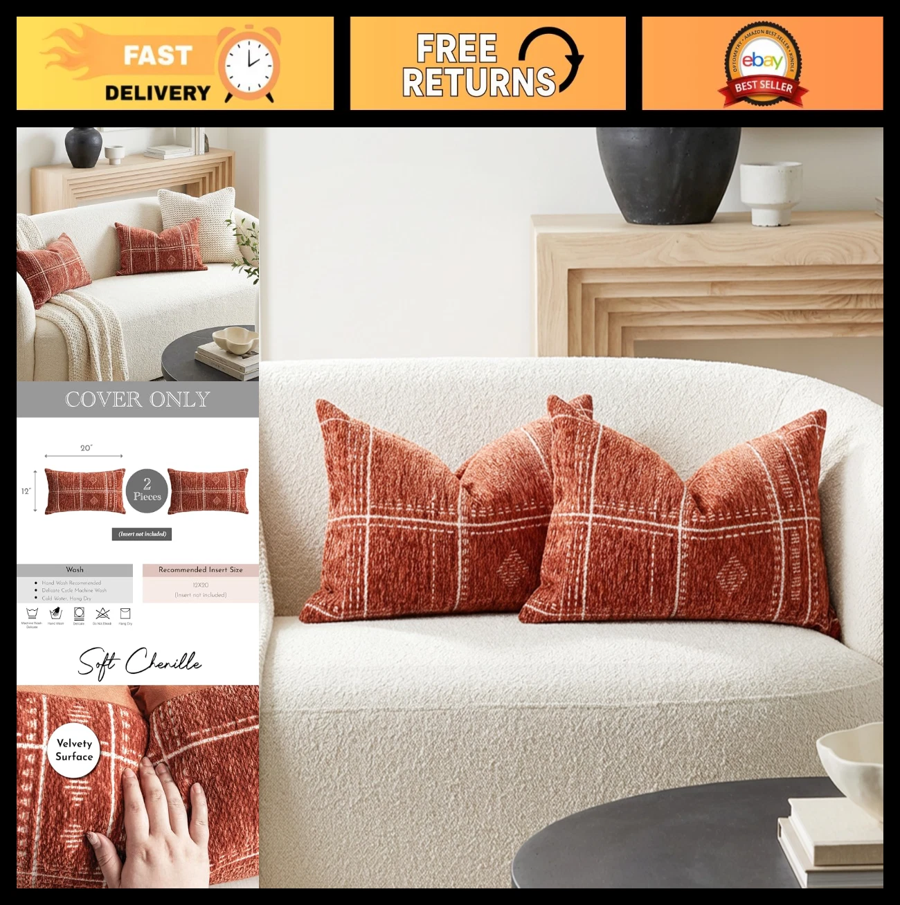 Boho Textured Lumbar Pillow Covers 12x20 Set of 2, Rust Red Chenille Accent for