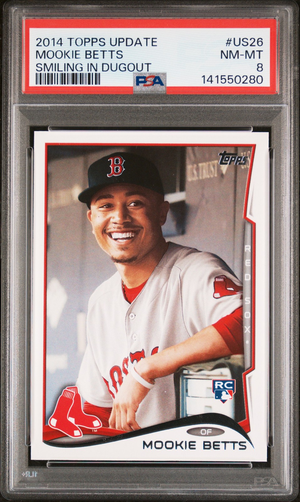2014 TOPPS UPDATE SMILING IN DUGOUT #US26 MOOKIE BETTS ROOKIE RC PSA 8
