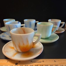 Vintage Akro Agate 6 Demitasse Cup and Saucer Sets orange,blue,green