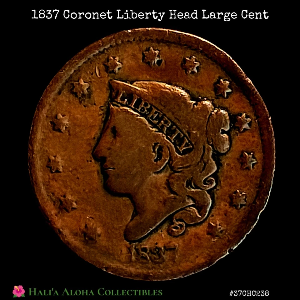 💠🪙💠1837 Coronet Liberty Matron Head U.S. Large Cent ~ N-5 RB ERROR COIN - Image 4 of 4