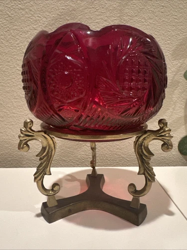 Stunning Vintage Fenton Art Glass Ruby Red Rose Bowl in Brass Stand