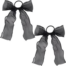 2 PCS Large Bow Hair Ties Black Organza Ribbon Scrunchies Elegant Ponytail