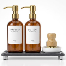 Kitchen Soap Dispenser Set, 2 Pack 16Oz Amber Glass Dish Soap and Hand Soap Disp