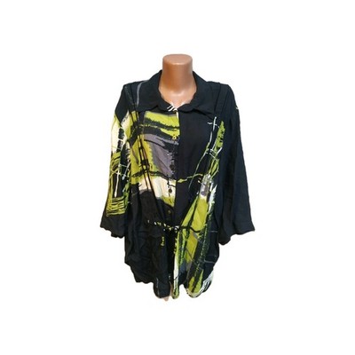 CHALOU Abstract Print Tunic Blouse 2XL Lagenlook Viscose Shirt Black Green Gray