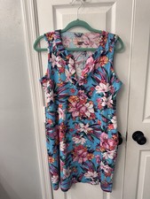 Lands  End Sleeveless Dress Split Neck 100 Cotton Blue Tropical Floral Sz Med