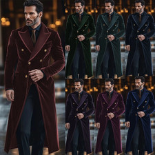 Velvet Men's Overcoat Double Breasted Peak Lapel Party Prom Casual Long Jacket